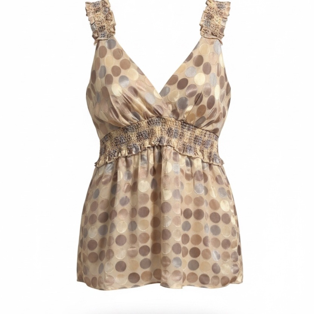 BCBGMaxAzria Beige and Brown Polka Dot Sleeveless Wrap Top